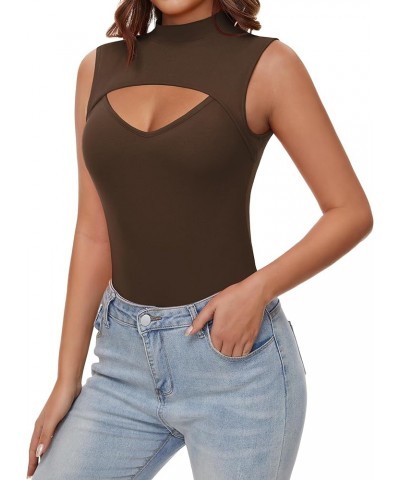 Short Sleeve Bodysuit for Women, Mock Turtleneck Bodysuit for Women Cutout Front Sexy Body Suits Women Sleeveless Coffee $16....