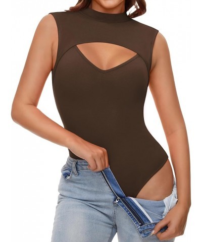 Short Sleeve Bodysuit for Women, Mock Turtleneck Bodysuit for Women Cutout Front Sexy Body Suits Women Sleeveless Coffee $16....