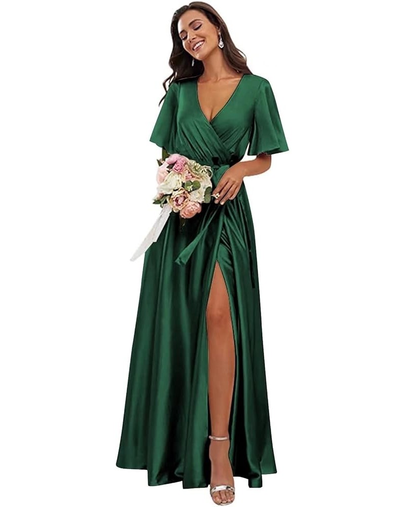 Satin V Neck Bridesmaid Dresses with Slit A Line Short Sleeves Long Formal Prom Dress for Women Teens Emerald Green $34.79 Dr...