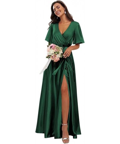 Satin V Neck Bridesmaid Dresses with Slit A Line Short Sleeves Long Formal Prom Dress for Women Teens Emerald Green $34.79 Dr...