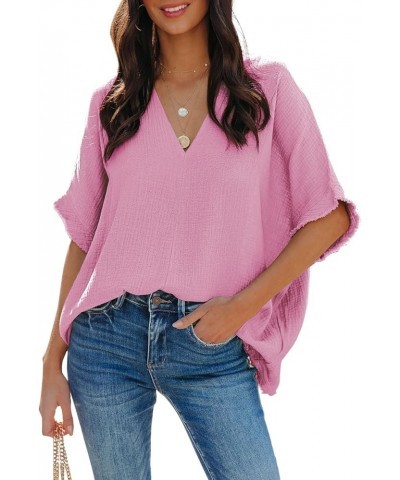 Casual Womens Short Sleeve V Neck Shirts Oversized Solid Blouses Tops 1 Pink $13.53 Blouses