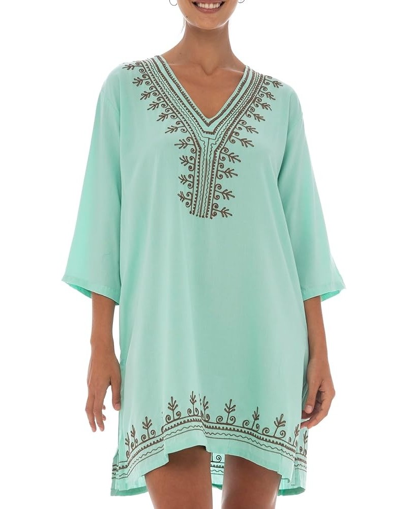 Womens Boho Embroidered Swimsuit Cover Up Loose Fit Casual Tunic Top Dress Resort Wear Aqua Brown $19.72 Swimsuits