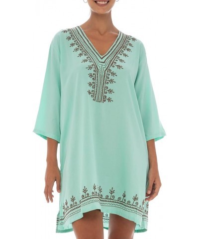 Womens Boho Embroidered Swimsuit Cover Up Loose Fit Casual Tunic Top Dress Resort Wear Aqua Brown $19.72 Swimsuits