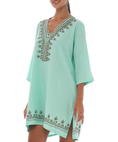 Womens Boho Embroidered Swimsuit Cover Up Loose Fit Casual Tunic Top Dress Resort Wear Aqua Brown $19.72 Swimsuits