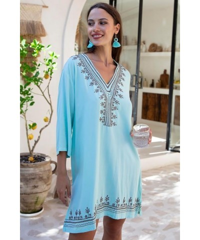 Womens Boho Embroidered Swimsuit Cover Up Loose Fit Casual Tunic Top Dress Resort Wear Aqua Brown $19.72 Swimsuits