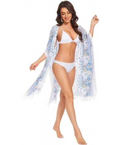 Women HIPPIE Gypsy Boho Printed Kimono Cardigan Shawl Wrap Swimsuit Cover Up Jacket One Size White-14614 $24.18 Swimsuits