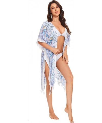 Women HIPPIE Gypsy Boho Printed Kimono Cardigan Shawl Wrap Swimsuit Cover Up Jacket One Size White-14614 $24.18 Swimsuits