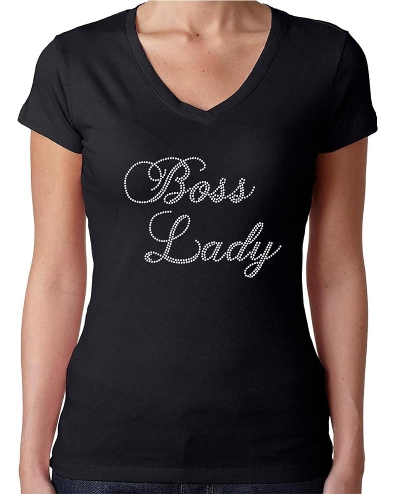 Womens T-Shirt Rhinestone Bling Black Fitted Tee Boss Lady Sparkle Crystal White V-neck $12.88 T-Shirts