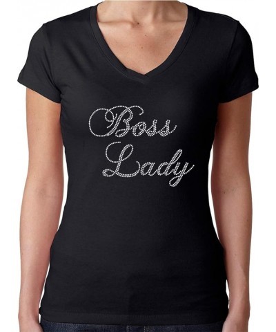 Womens T-Shirt Rhinestone Bling Black Fitted Tee Boss Lady Sparkle Crystal White V-neck $12.88 T-Shirts