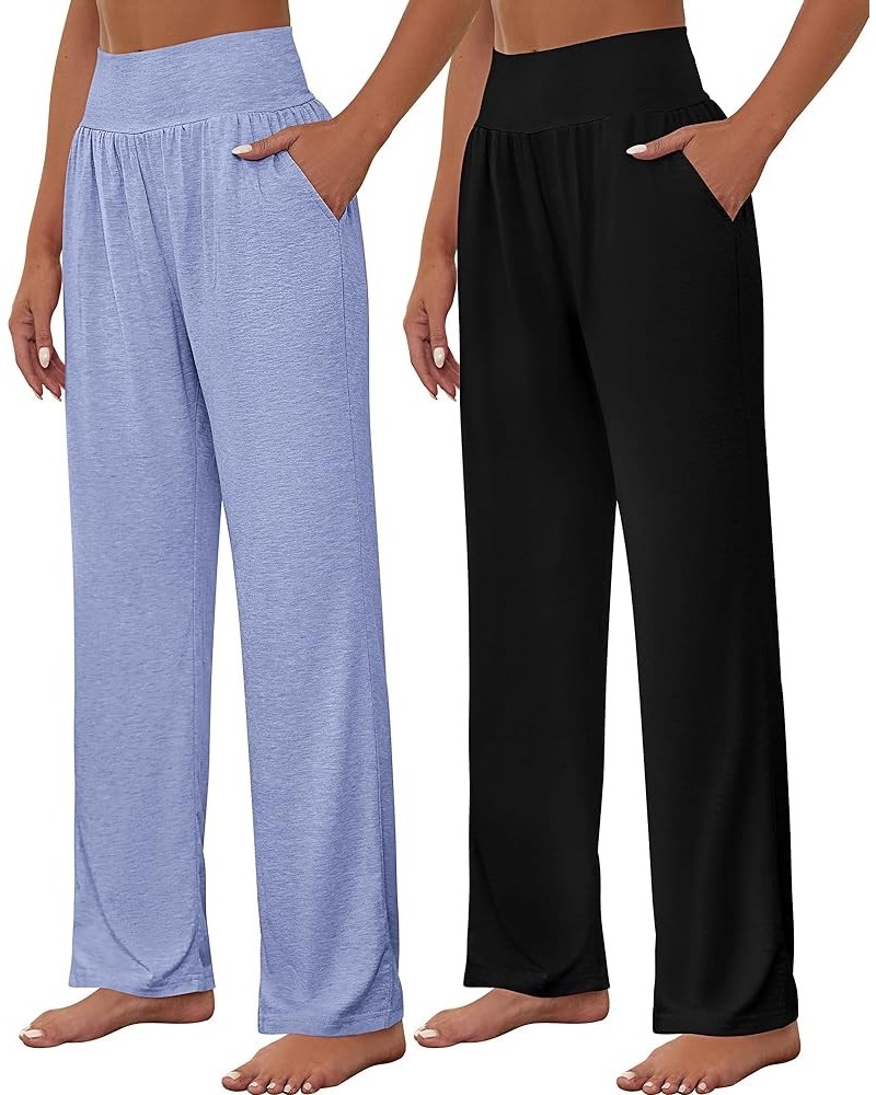 2 Pcs Women's Wide Leg Yoga Sweatpants High Waist Lounge Pants Loose Workout Pant Casual Athletic Pant with Pockets Black, Ha...