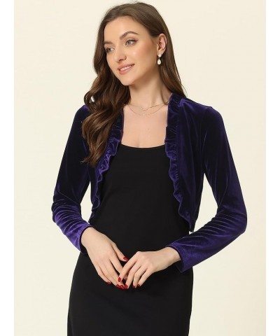 Women's Cocktail Party Open Front Cardigan Long Sleeve Cropped Velvet Shrug Top Purple Blue $18.62 Sweaters