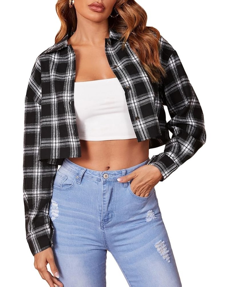 Women's Long Sleeve Collar Button Down Plaid Crop Top Blouse Black White Tartan $19.94 Blouses