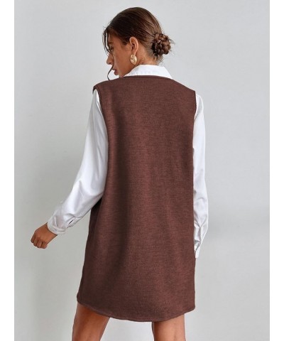 Women's V Neck Sleeveless Knitted Solid Short Sweater Dress with Pockets Brown $18.90 Sweaters