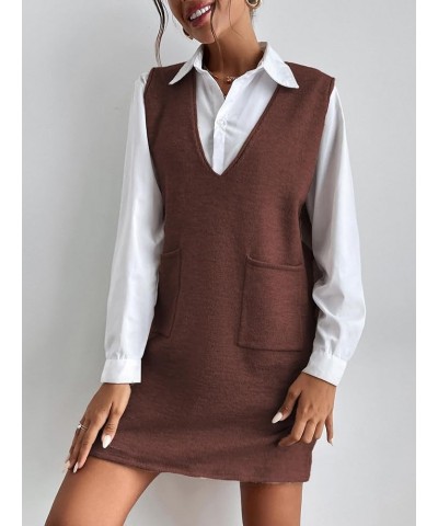 Women's V Neck Sleeveless Knitted Solid Short Sweater Dress with Pockets Brown $18.90 Sweaters