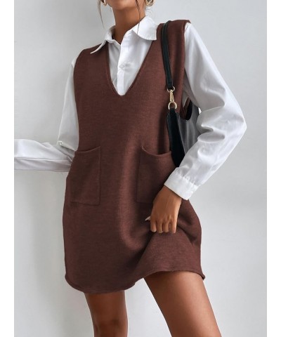 Women's V Neck Sleeveless Knitted Solid Short Sweater Dress with Pockets Brown $18.90 Sweaters