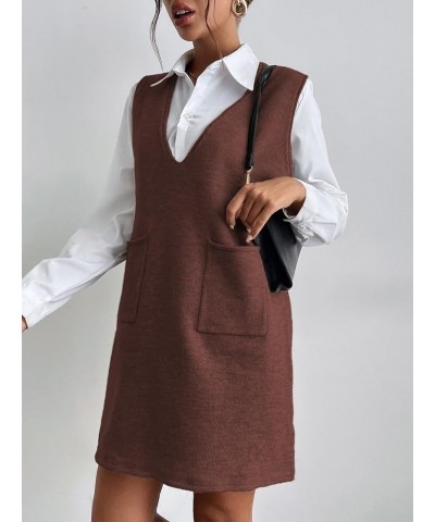 Women's V Neck Sleeveless Knitted Solid Short Sweater Dress with Pockets Brown $18.90 Sweaters