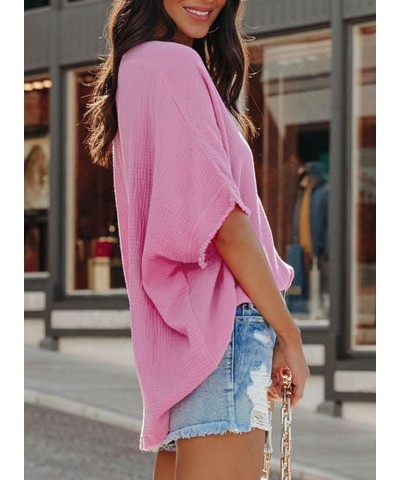 Casual Womens Short Sleeve V Neck Shirts Oversized Solid Blouses Tops 1 Pink $13.53 Blouses