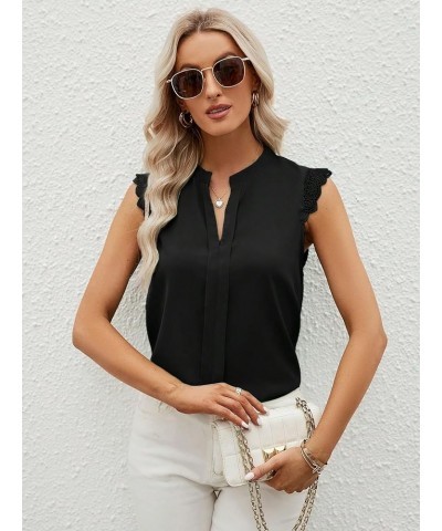 Women's Elegant Notch V Neck Sleeveless Blouse Guipure Lace Work Office Solid Top Pure Black $10.00 Blouses