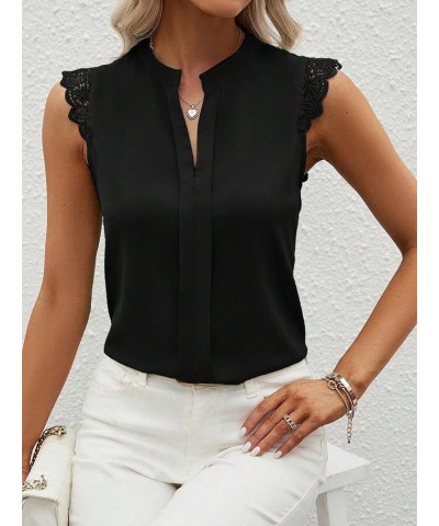 Women's Elegant Notch V Neck Sleeveless Blouse Guipure Lace Work Office Solid Top Pure Black $10.00 Blouses