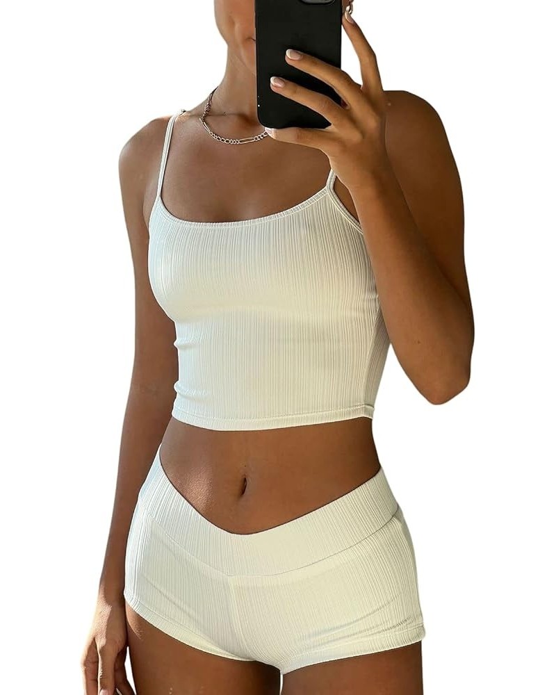 Women Casual Cami Pajama Sets Knitted Soft Lingerie Sleepwear Tee Low Rise Shorts Lounge Set Typey-white $17.99 Sleep & Lounge