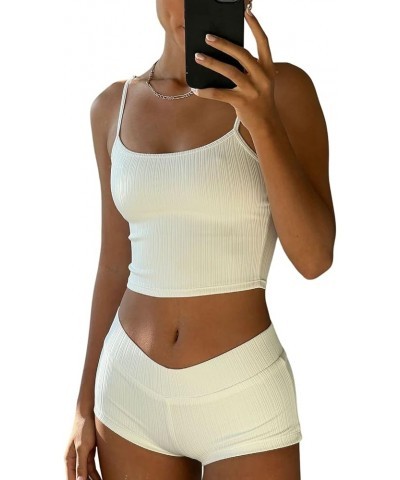 Women Casual Cami Pajama Sets Knitted Soft Lingerie Sleepwear Tee Low Rise Shorts Lounge Set Typey-white $17.99 Sleep & Lounge