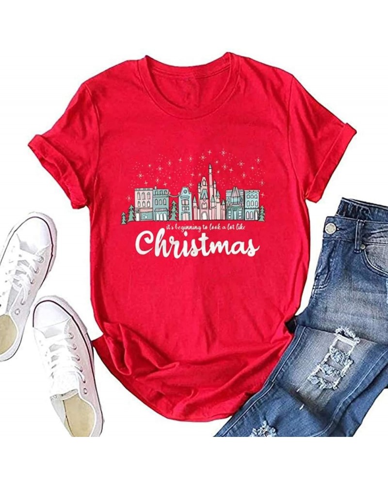 Merry Christmas Shirt Women Xmas Lights Castle Graphic Tops Tee Casual Short Sleeve Holiday T Shirt Red $9.71 T-Shirts