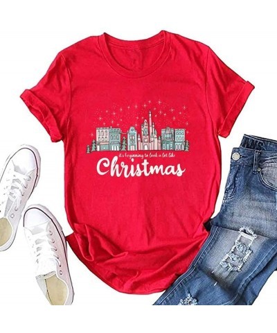 Merry Christmas Shirt Women Xmas Lights Castle Graphic Tops Tee Casual Short Sleeve Holiday T Shirt Red $9.71 T-Shirts