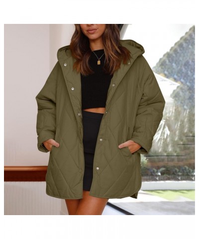 2023 Winter Quilted Hooded Jackets for Women Solid Oversized Loose Lightweight Casual Padded Coat Outwear with Pocket Army Gr...