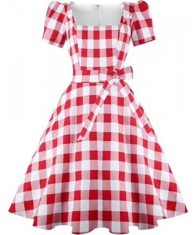 Women's Square Neck Dress Vintage 1950s Cocktail Party Dress with Puff Sleeves Red White Plaid $13.02 Dresses