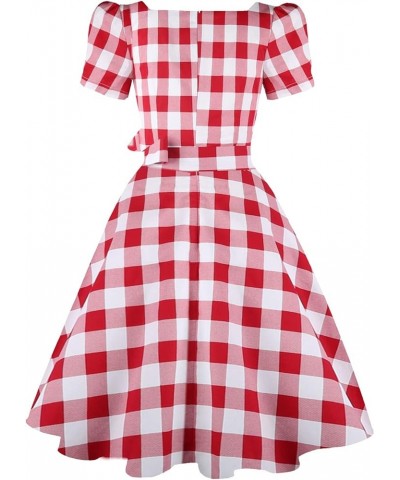 Women's Square Neck Dress Vintage 1950s Cocktail Party Dress with Puff Sleeves Red White Plaid $13.02 Dresses