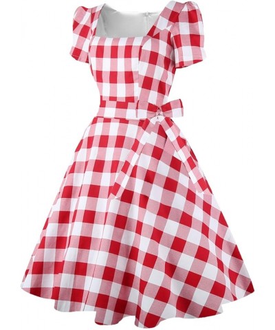 Women's Square Neck Dress Vintage 1950s Cocktail Party Dress with Puff Sleeves Red White Plaid $13.02 Dresses