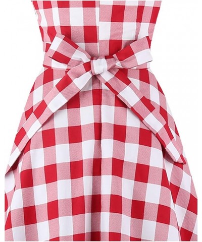 Women's Square Neck Dress Vintage 1950s Cocktail Party Dress with Puff Sleeves Red White Plaid $13.02 Dresses