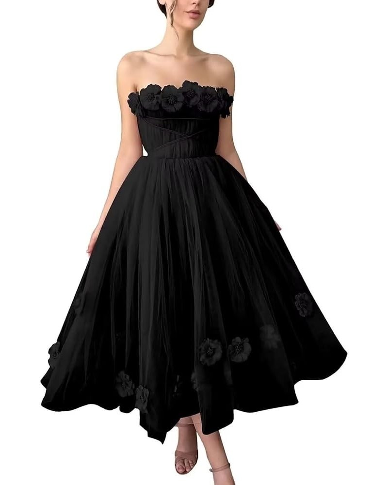 Women's 3D Flower Off Shoulder Tea Length Whimsical Prom Dress, A Line Strapless Tulle Formal Evening Party Gown Black $42.30...