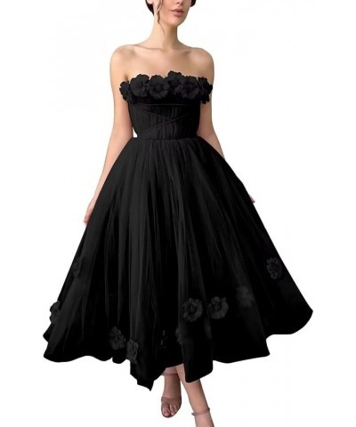 Women's 3D Flower Off Shoulder Tea Length Whimsical Prom Dress, A Line Strapless Tulle Formal Evening Party Gown Black $42.30...