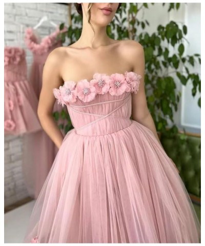 Women's 3D Flower Off Shoulder Tea Length Whimsical Prom Dress, A Line Strapless Tulle Formal Evening Party Gown Black $42.30...