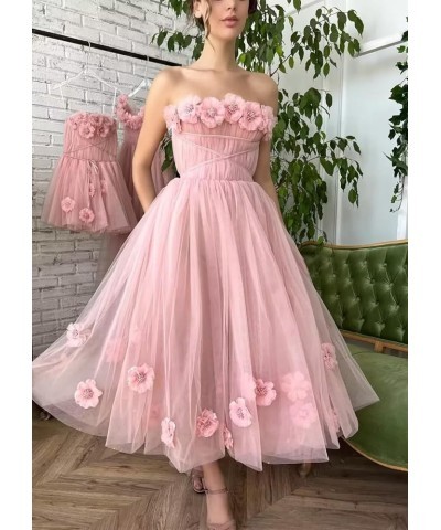 Women's 3D Flower Off Shoulder Tea Length Whimsical Prom Dress, A Line Strapless Tulle Formal Evening Party Gown Black $42.30...