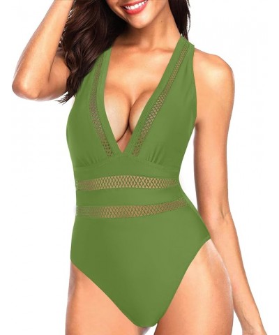 Women One Piece Swimsuit Sexy Plunge V Neck Bathing Suit Hollow Out Monokini Yellow Green $15.36 Swimsuits