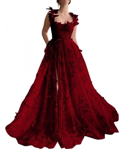 Women's 3D Butterfly Prom Dresses Tulle Ball Gown Fairy Corset Long Slit Lace Applique Formal Evening Dress Burgundy $31.85 D...