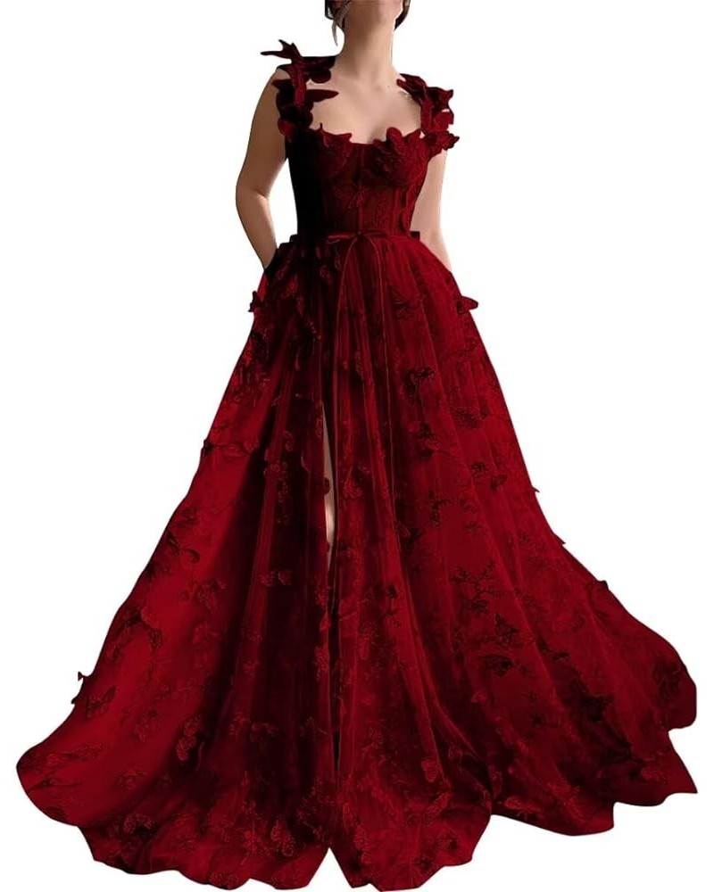 Women's 3D Butterfly Prom Dresses Tulle Ball Gown Fairy Corset Long Slit Lace Applique Formal Evening Dress Burgundy $31.85 D...