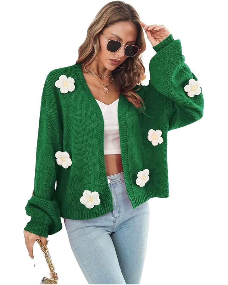 Women's Autumn Winter Sweater Three-Dimensional Embroidery Flower Lantern Sleeve Loose Knit Sweater Cardigan Jacket (Color : ...