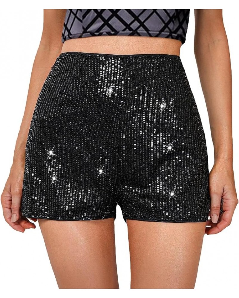 Women Sparkle Mini Shorts Sequins Party High Waist Glitter Sexy Biker Shorts Clubwear Bottoms Fi Black $13.50 Shorts