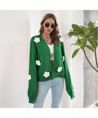 Women's Autumn Winter Sweater Three-Dimensional Embroidery Flower Lantern Sleeve Loose Knit Sweater Cardigan Jacket (Color : ...