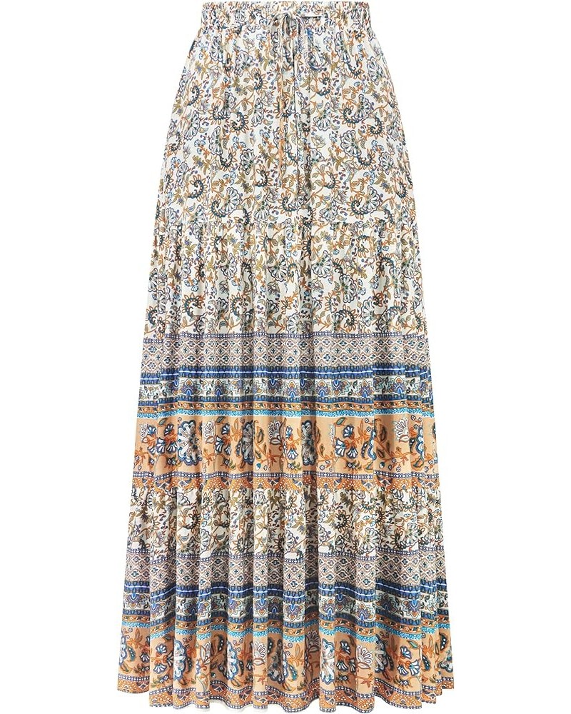 Womens Summer Cotton Vintage Floral Print Boho Casual Ruffled Flowy Maxi Skirt Beige $14.70 Skirts