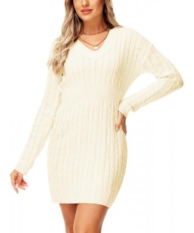 Women V Neck Sweater Dress Cable Knit Long Sleeve Pullover Sweaters Oatmeal $17.38 Sweaters