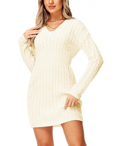 Women V Neck Sweater Dress Cable Knit Long Sleeve Pullover Sweaters Oatmeal $17.38 Sweaters