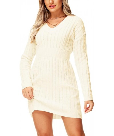 Women V Neck Sweater Dress Cable Knit Long Sleeve Pullover Sweaters Oatmeal $17.38 Sweaters