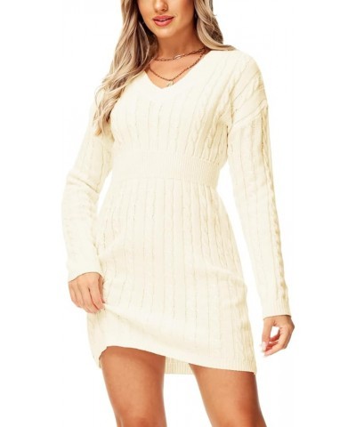 Women V Neck Sweater Dress Cable Knit Long Sleeve Pullover Sweaters Oatmeal $17.38 Sweaters