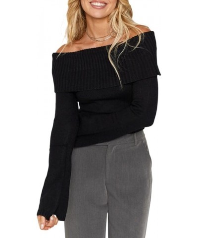 Women Off Shoulder Slim Fitted Crop Tops Long Sleeve Solid Color Casual Basic T-Shirts Y2k Skinny Tops Streetwear D-black $10...