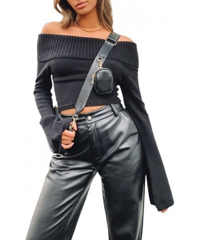 Women Off Shoulder Slim Fitted Crop Tops Long Sleeve Solid Color Casual Basic T-Shirts Y2k Skinny Tops Streetwear D-black $10...