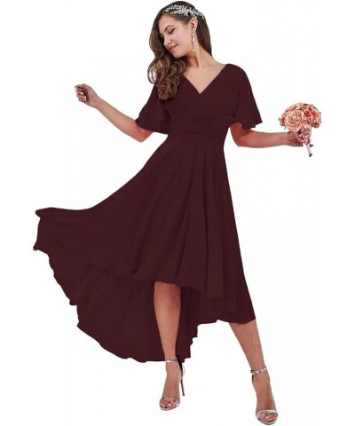 High Low Bridesmaid Dresses for Women V Neck Pleated Ruffle Sleeve Formal Evening Gown Burgundy $24.74 Dresses